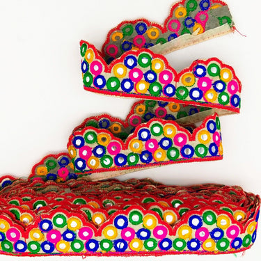 Beige Multicoloured Indian Mirror Trim, Kutch Embroidered Navratri Garba Dress Trim Bridal Lace, Indian Sari Border 42 mm Wide Trim Per Yard